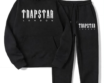 Black Trap Star London Style Hoodie & Jogger Set, Men's Black Trap Star Tracksuit Hoodie Joggers Sweatsuit Athletic Streetwear Gift For Him.