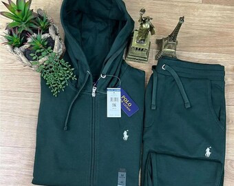 Green Luxury Mens Polo Tracksuit Set - Vintage Style Script Logo Hoodie & Joggers - Premium Fleece Streetwear Outfit, Gift for Him