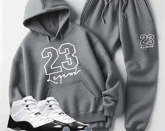 Mens Full 2 Piece Sweatsuit, Gray Tracksuit Hoodie Joggers 2pc Set 23 Legend Sweatsuit To Match Air Jordan 11