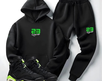 Electric Green 6s Retro 23 Match, Men Black 23 Legend Sweatsuit Hoodie Joggers Electric Green Streetwear Set Outfit.