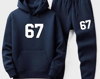 Mens Navy Blue Tracksuit Hoodie Joggers Set | 67 Graphic Streetwear Sweatsuit | Athletic Gym Wear & Casual Fleece Outfit | Gift for Him.
