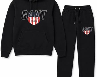 Mens Gant Black Sweatsuit Hoodie Joggers Printed Logo Fleece Tracksuit Streetwear