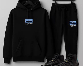 Custom Mens Sweatsuit Set, Black Sweatsuit Hoodie Sweatpants 23 Legend Tracksuit To Match Jordan 11 Gamma.