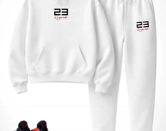 Men's Urban Streetwear Set, Men's Printed White Sweatsuit Hoodie Joggers Set To Match Air Jordan Retro 13 Bred.