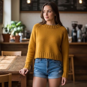 Peut inclure: Une femme porte un pull moutarde et un short en jean. Le pull a un col et des poignets côtelés. Le short est en jean bleu clair avec des détails usés. L'arrière-plan est un café avec des tables et des tabourets en bois.