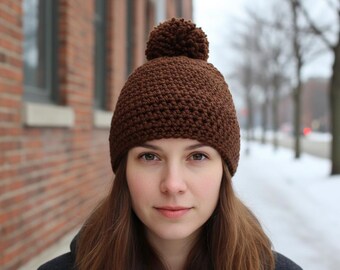 Crochet Pom Pom Beanie Pattern PDF, Beginner Winter Hat Tutorial