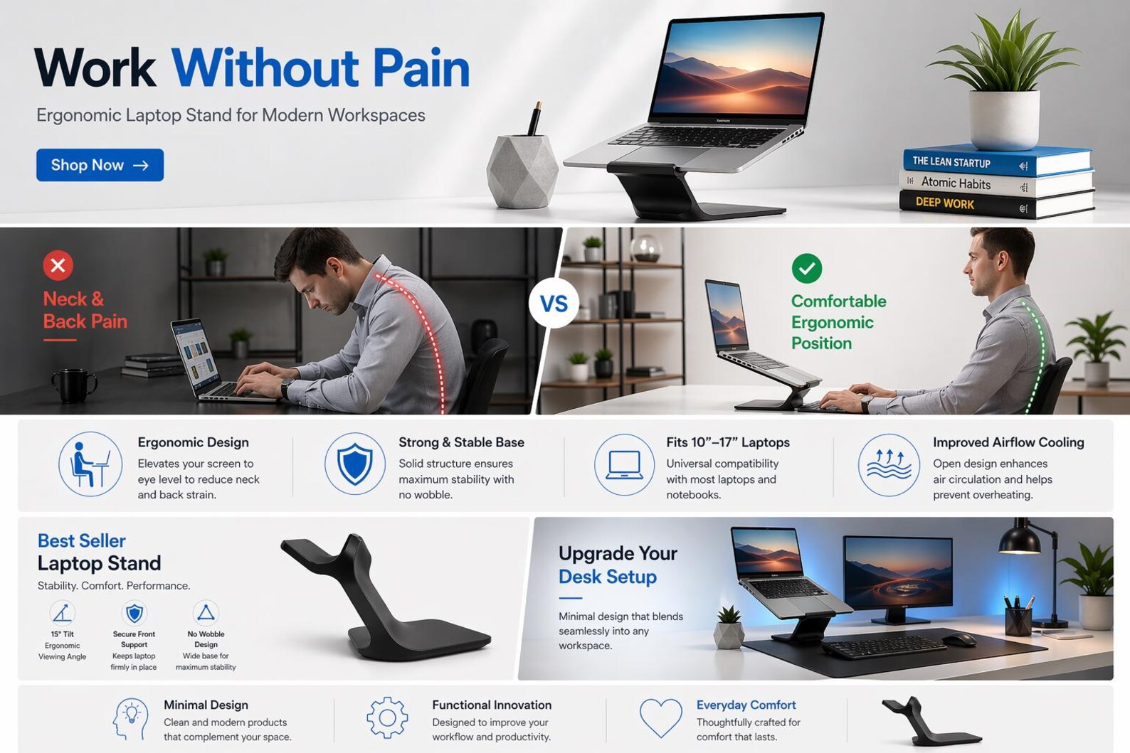 Ergonomic Laptop Stand | Minimal Desk Setup, Neck Pain Relief, Modern ...