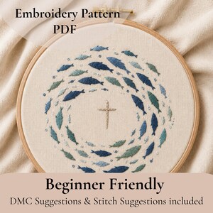 May include: An embroidery hoop with a fish design. The design features a cross in the centre, surrounded by a school of blue and green fish. The text "Embroidery Pattern PDF" and "Beginner Friendly" are also included.