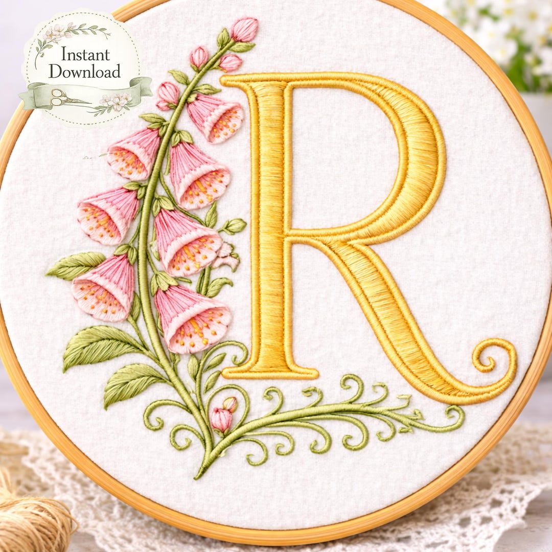 Patterns For Letter R Foxglove Monogram Embroidery Pattern Letter R PDF | Floral Alphabet ...