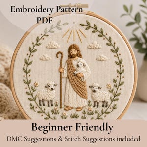 May include: An embroidery pattern in a wooden hoop depicts a religious scene with a figure holding a staff and a lamb, surrounded by sheep, clouds, and a leafy border. The text "Embroidery Pattern PDF" and "Beginner Friendly" are included.