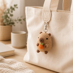 Capybara Taschenanhänger, Amigurumi Mini Capybara mit Orange Schlüsselanhänger, Kawaii Tier PDF Download