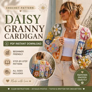 以下が含まれることがあります： デイジーグラニーカーディガンの編み物パターン。完成したカーディガンを着た女性が写っています。カーディガンはカラフルなデイジーの正方形でできています。パターンはPDFダウンロードで、初心者向けで、すべてのサイズが含まれています。
