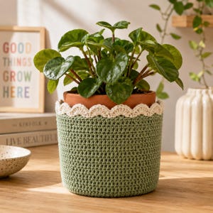 Può includere: Una pianta in vaso con foglie verdi è posta all'interno di un vaso di terracotta, a sua volta inserito in una copertura per vaso di piante all'uncinetto verde. La copertura ha un bordo smerlato color crema. Lo sfondo include un cartello incorniciato con la scritta "GOOD THINGS GROW HERE".