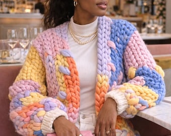 Chunky Crochet Cardigan Pattern PDF | Color Block Oversized Sweater | Beginner Friendly Chunky Knit Look Crochet Pattern | Instant Download