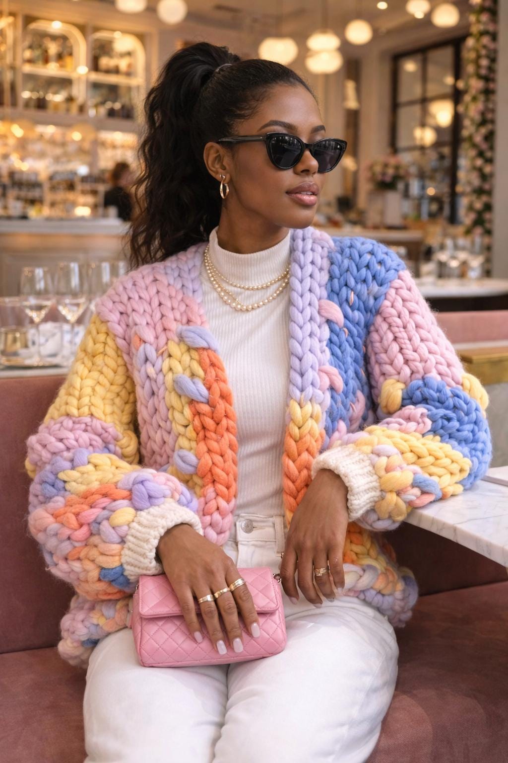 Chunky Crochet Cardigan Color Block Oversized Sweater