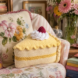 May include: A crocheted pillow shaped like a slice of pie. The pillow features a yellow crust with a scalloped edge, a cream-colored filling, and a red crocheted berry with white whipped cream on top. The pillow is on a floral patterned chair.