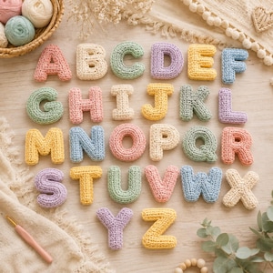 May include: A full alphabet of colorful, crocheted letters in pastel shades of pink, yellow, green, blue, and purple. The letters are arranged on a light wooden surface, with a crochet hook and yarn in the background. The letters are approximately 3 inches tall.