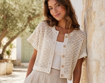 Crochet Cropped Cardigan Pattern, Open Mesh Button Up Top, 9 Sizes XS to 5XL, Intermediate Garment PDF