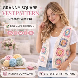 Mormors fyrkantiga västmönster PDF | Virkat västmönster | Enkel virkad väst | Virkmönster för nybörjare | Virkat toppmönster | Digital nedladdning