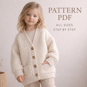 Könnte beinhalten: Ein junges Kind trägt eine cremefarbene, grob gestrickte Strickjacke mit V-Ausschnitt, Knopfverschluss und Taschen. Der Text "PATTERN PDF" wird über "ALL SIZES STEP BY STEP" angezeigt.