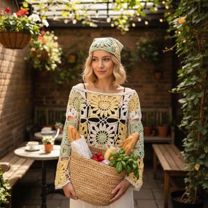 Può includere: Una persona indossa un top e un cappello all'uncinetto nei toni del giallo, verde e bianco, tenendo in mano un cestino di vimini pieno di generi alimentari. La parte superiore presenta un motivo floreale. Il cestino contiene pane, pomodori e basilico.