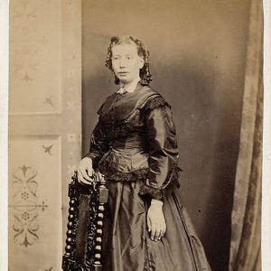 Vintage CDV Portrait of an English Woman from Trowbridge Standing by a Studio Chair in a Big Fancy Satin Dress