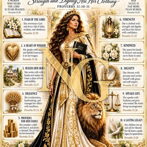May include: A decorative poster titled The Proverbs 31 Woman featuring a central illustration of a woman in a gold and black gown with a lion, surrounded by ten numbered sections with text, biblical verses, and icons on a cream background.