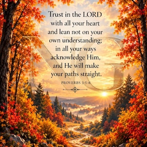 Könnte beinhalten: Ein vertikaler Druck mit einem gewundenen Feldweg durch einen Wald mit leuchtend orangefarbenen und roten Herbstblättern. Der Text lautet: Trust in the LORD with all your heart and lean not on your own understanding; in all your ways acknowledge Him, and He will make your paths straight. PROVERBS 3:5-6.