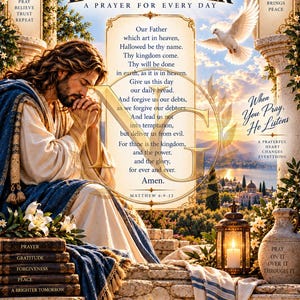 Puede incluir: Un póster religioso titulado The Lord's Prayer que muestra a una figura con túnica rezando, una paloma blanca y un paisaje de fondo. El texto incluye la oración completa, Nathaniel Grey Studio y frases como A Closer Walk With Him y Faith Brings Peace.
