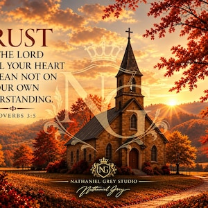 Op de afbeelding: Een stenen kerk staat in een landschap met herfstbomen onder een zonsonderganghemel. De tekst luidt: TRUST IN THE LORD WITH ALL YOUR HEART AND LEAN NOT ON YOUR OWN UNDERSTANDING. PROVERBS 3:5. Een logo met de letters NG is in het midden geplaatst.