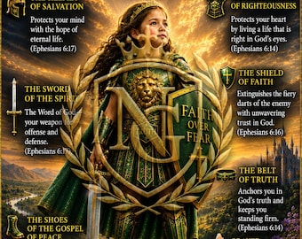 Princess Warrior of Christ | Faith Over Fear Shield | Christian Girl Room Art
