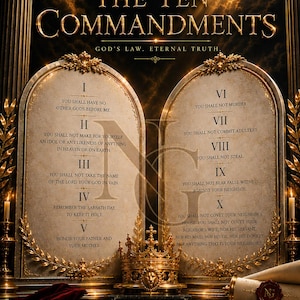 May include: A decorative poster titled The Ten Commandments by Nathaniel Grey Studio. It features two stone tablets with gold frames, Roman numerals I through X, and the text of the commandments. A gold crown sits between the tablets, with pillars and candles on the sides, all set against a dark, dramatic background with golden light.