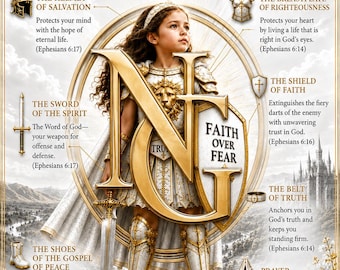 Princess Warrior of Faith | Full Armor of God for Girls | Faith Over Fear Shield | White, Black & Gold Christian Wall Art