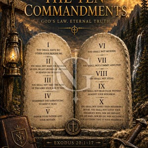 May include: A poster titled The Ten Commandments by Nathaniel Grey Studio featuring two stone tablets inscribed with the ten commandments, a glowing lantern, a compass, a sword, and a leather-bound book against a mountain landscape background.