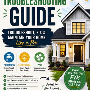 Op de afbeelding: Een gids voor huiseigenaren met de titel "Homeowner Troubleshooting Guide". De gids behandelt loodgieterswerk, elektriciteit en HVAC. De afbeelding bevat een huis en de tekst "Know What You Can Fix Before You Call a Pro!"