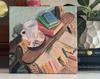 Stories and Souvenirs 8x8 acrylic painting on canvas.  Books, library, tea, coffee, reading, texture, still life, bookshelf, memories