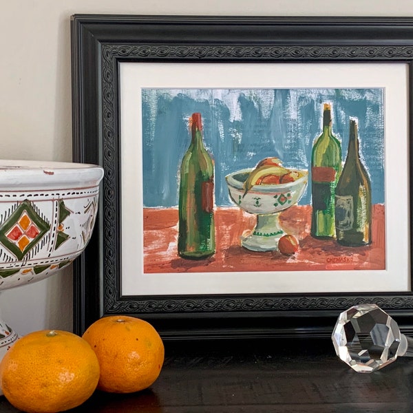 The Gathering.  Quarantine Supplies series.  Matted to 8x10” acrylic paint on paper.  Still life. Wine bottle and fruit art.  Fruit bowl