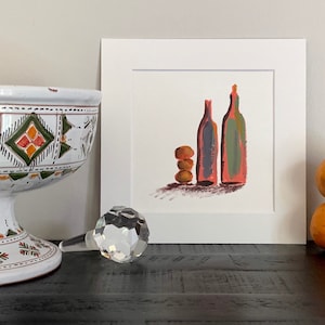Just Us. Quarantine Supplies series.  8x8” acrylic painting on paper.  Abstract wine bottles and tangerines.  Isolated.
