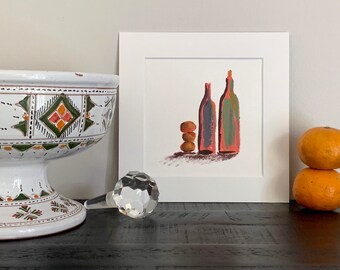 Just Us. Quarantine Supplies series.  8x8” acrylic painting on paper.  Abstract wine bottles and tangerines.  Isolated.