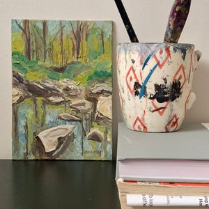 I Sing of Spring 5x7” landscape painting in acrylic on canvas board.  River, creek, woods, forest, rocks. Virginia, Potomac River
