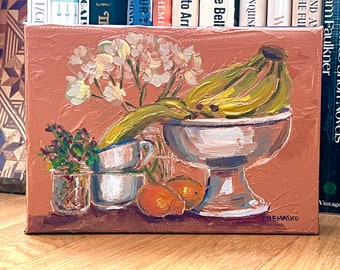 Banana Bridge.  Small acrylic still life with fruit, flowers, and tea cups.  Fruit bowl, oranges, bananas, coffee 5x7