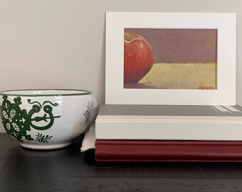 Apple Study.  Matted to 5x7” acrylic painting on paper. Small painting fruit, still life