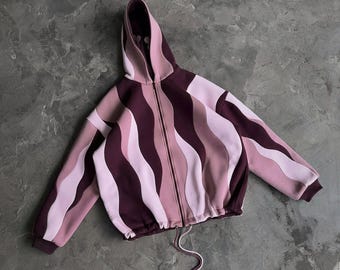 Gewellter Farbblock-Reißverschluss-Hoodie, isoliertes, doppelseitiges Sweatshirt, Roomova