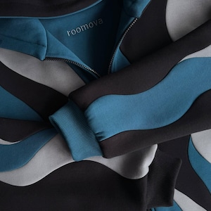 Wavy Patchwork Zip-Up Hoodie, Abstract Fleece Jacket, Teal Blue Colorblock Sweatshirt, Roomova