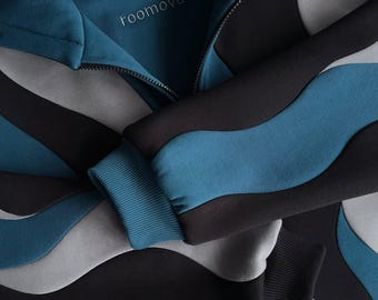 Wavy Patchwork Zip-Up Hoodie, Abstract Fleece Jacket, Teal Blue Colorblock Sweatshirt, Roomova