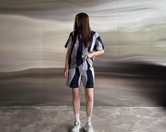 Übergroßes zweiteiliges Sommerset mit gewelltem Patchwork in Marineblau, Sand und Schiefer