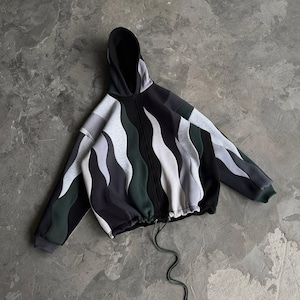 Wavy Patchwork Full-Zip Hoodie, Custom Y2K Streetwear, Color Block Jacket
