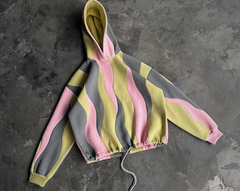 Gewellter Patchwork Hoodie, Pink Gelbes Colorblock Sweatshirt, Wave Pullover