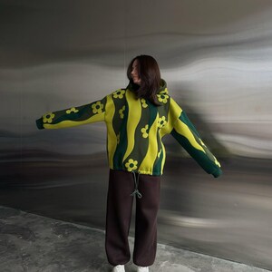 Wavy Floral Hoodie, Patchwork Crop Pullover, Custom Roomova Streetwear