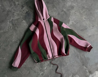 Wavy Patchwork Zip Up Hoodie, Olive Green Burgundy Colorblock Jacket, Streetwear Sweatshirt